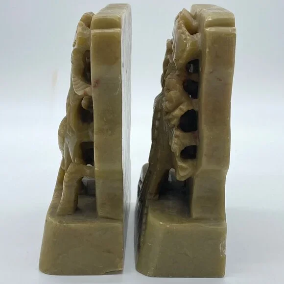 Vintage Pair of Hand-Carved Green Soapstone Bookends Phoenix Bird Lotus Flower - Picture 14 of 16